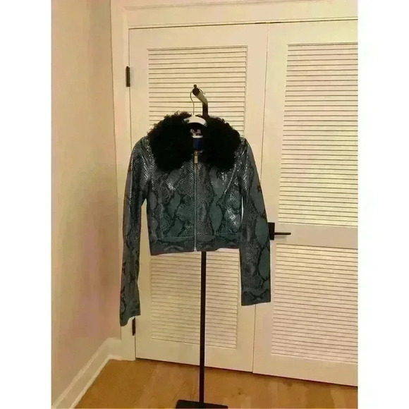 Michael Kors Collection 100% Lamb Leather Python Embossed Biker Jacket Size 2 - Picture 1 of 3